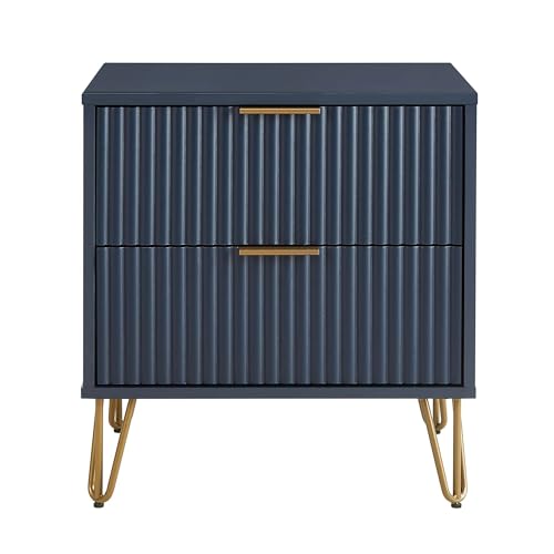 BROVAVE Sturdy Metal Legs Small Nightstand, Modern Nightstand with Textured Drawers, Storage Cabinet for Indoor use, Dark Blue - color: Dark Blue