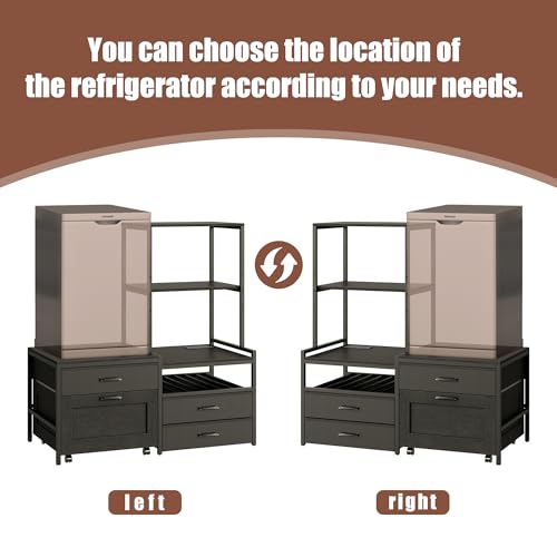 Herture Mini Fridge Stand with Wine Rack, Kitchen Bakers Rack with Power Outlet, Microwave Oven Stand, Coffee Bar, Movable Drawers, for Dorm,Office, Black HB04BXB - color: Black