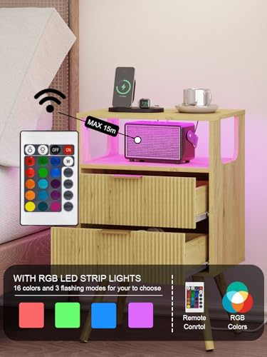 Leomonio Nightstand, Modern Bedside Table with 2 Storage Drawer and Open Wood Shelf for Bedroom and Small Spaces, Night Stand with Solid Wood Legs (Yellow Oak-Outlet) - color: Yellow Oak-outlet