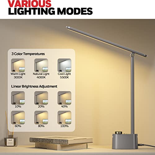 Honeywell HWT-H01 LED Desk Lamp, Foldable & Stepless Dimmable, Gray | Sunturalux Eye-Caring Desk Light with Charging Ports, Modern Table Lamp, Reading Lamp for Home Office Bedroom College Dorm - color: Gray