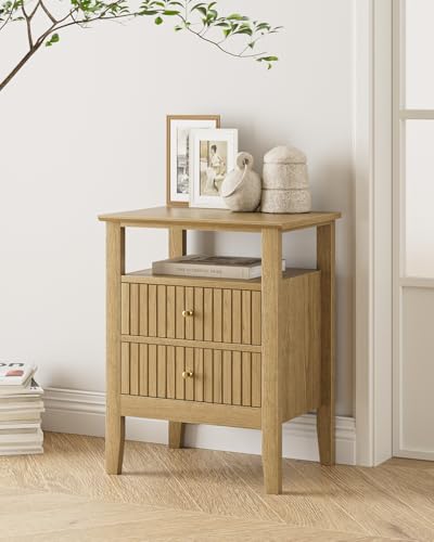 Fluted Nightstand, Farmhouse Night Stand with 2 Drawers, Mid Century Modern Side Accent Table,Bedside End Table for Bedroom, Living Room, Yellow Oak - color: Oak, size: 2 Drawers