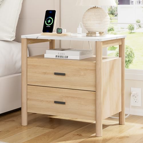 Night Stand, 23" Wide Nightstand, Modern Large Nightstand with Charging Station & Faux Marble Top, 2 Drawer End Table with Solid Round Post Legs, Bedside Table for Bedroom, Natural Oak - color: Natural Oak + Faux Marble Top, size: 24''W x 15.7'D x 24''H (