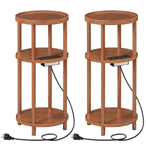 HOOBRO Set of 2 Small Round Side Tables with Charging Station, 3-Tier Round Bamboo End Tables, Easy Assembly, for Living Room, Bedroom, Apartment, Walnut WL152UBZP201 - color: Walnut