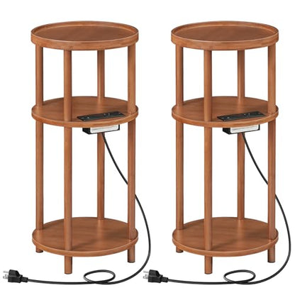 HOOBRO Set of 2 Small Round Side Tables with Charging Station, 3-Tier Round Bamboo End Tables, Easy Assembly, for Living Room, Bedroom, Apartment, Walnut WL152UBZP201 - color: Walnut