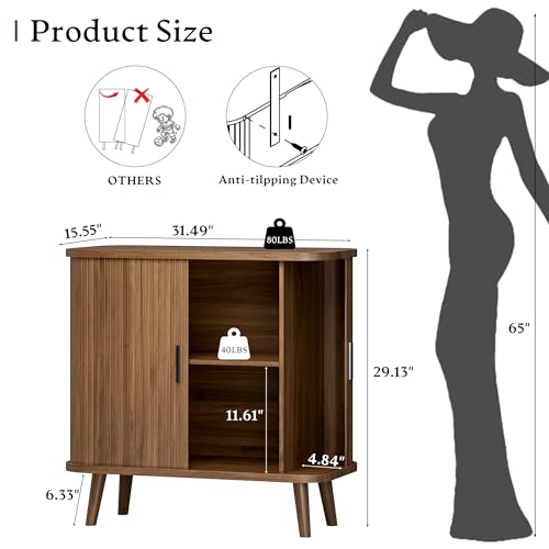 Sideboard Buffet Cabinet with Sliding Door, 31.5" Wide Fluted Modern Accent Storage Cabinet with Adjustable Shelves, Wood Coffee Bar Buffet Console Table for Kitchen, Dining Room, Living Room, Walnut - color: Walnut