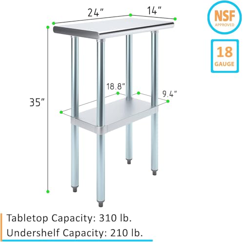 14" x 24" Stainless Steel Prep Table – NSF Certified Heavy Duty Work Table for Home & Commercial Use – Galvanized Undershelf & Legs - size: 24x14