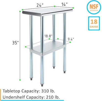 14" x 24" Stainless Steel Prep Table – NSF Certified Heavy Duty Work Table for Home & Commercial Use – Galvanized Undershelf & Legs - size: 24x14