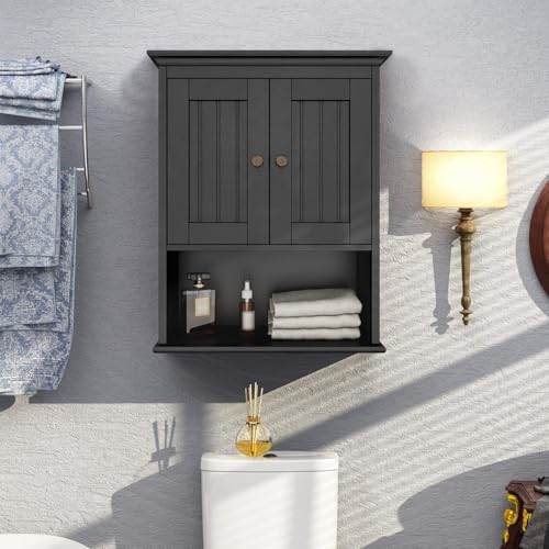 Treocho Wood Wall Cabinet Bathroom Medicine Cabinet Storage with Doors and Adjustable Shelf Wall Mount for Bathroom, Livingroom, Kitchen, Cupboard, Black - color: Black