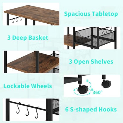 HapiRm Rolling Kitchen Carts with Storage - Microwave Table Stand with 6 Hooks & 3 Baskets, kitchen Island Cart on Lockable Wheels, 28.3" L × 14.6" W Bakers Rack Cart for Dining Room Coffee Bar Office - color: Brown