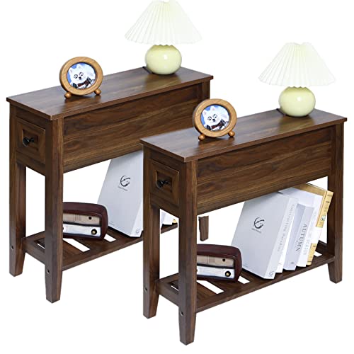 2 Pack Chairside Narrow End Table with Drawer, Solid Recliner Side Table with Storage Shelf, Slim Nightstand Bedside Table for Bedroom - size: 2 set