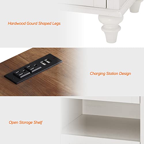 WAMPAT White Side Table with 2 Drawers & Charging Station, Mid Century Nightstand for Bedroom with Power Outlets & USB Ports, Wooden Bedside Table Night Stand with Shelf for Living Room, Antique White - color: Off White