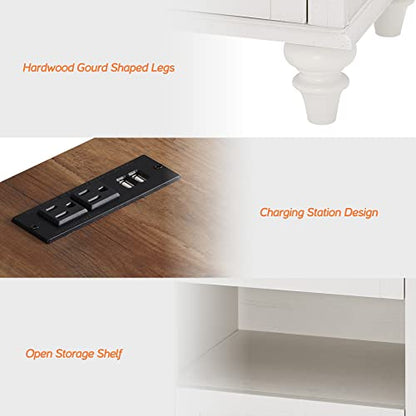 WAMPAT White Side Table with 2 Drawers & Charging Station, Mid Century Nightstand for Bedroom with Power Outlets & USB Ports, Wooden Bedside Table Night Stand with Shelf for Living Room, Antique White - color: Off White