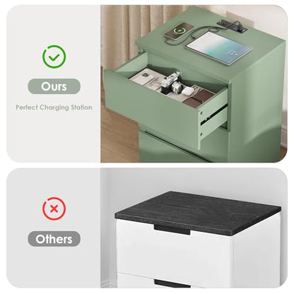 Keyluv 3 Drawers Nightstand Set of 2 with Charging Station, Modern Bedside Table with USB Ports, Sofa Side Table Night Stand with Storage, Sturdy End Table for Bedroom/Living Room/Home Office, Green - color: Green
