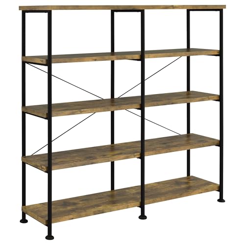 Coaster Home Furnishings - Analiese - Wood and Metal - 4-Tier Double Bookshelf with Open Shelves, X-Back Bracing, and Rectangular Frame - Home Office - 63-Inch - Rustic Nutmeg - 801543 - color: Rustic Nutmeg