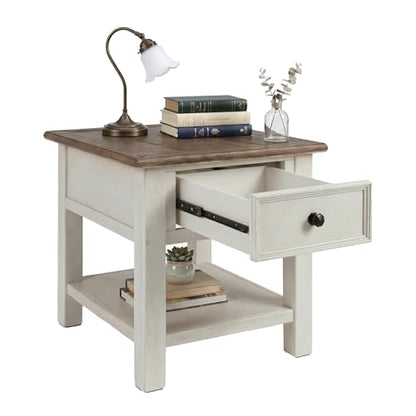 Signature Design by Ashley Bolanburg End Table for Living Room, Two-Tone Distressed Wood Side Table with Smooth-Gliding Drawer, Farmhouse Plank-Style Top, Ideal Night Stand Use, Antique White/Oak - color: Whitewash