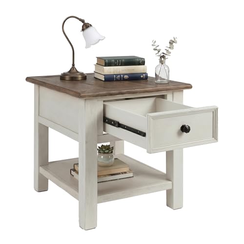 Signature Design by Ashley Bolanburg End Table for Living Room, Two-Tone Distressed Wood Side Table with Smooth-Gliding Drawer, Farmhouse Plank-Style Top, Ideal Night Stand Use, Antique White/Oak - color: Whitewash