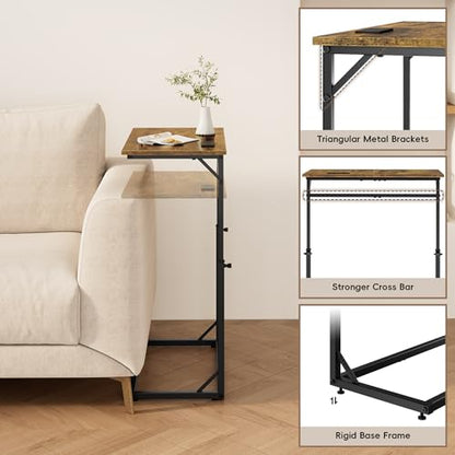 Vagusicc C Shaped End Table with Charging Station, Large C-Table End Table Adjustable Height Side Table for Couch, Couch Table Slide Under Sofa Table TV Tray Table for Sofa, Living Room, Bedroom,Brown - color: Rustic Brown, style: With Plug