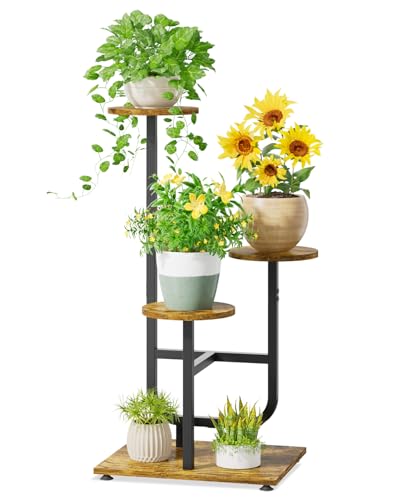 iDavosic.ly 3 Tier Plant Stand Indoor, Corner Tiered Multiple Flower Holder Shelf with Wooden Trays, Orchid Display Metal Rack for Patio Porch Living Room Balcony Outdoor, Modern Black & Rustic Brown - color: Rustic Brown, size: 3 Tiers