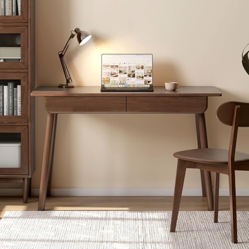 100% Solid Wood Desk with Drawers, Mid Century Modern Writing Desk, Walnut Color Office Desk for Study Bedroom Living Room 41.33" W - color: Walnut-rubberwood-4, size: 41"W