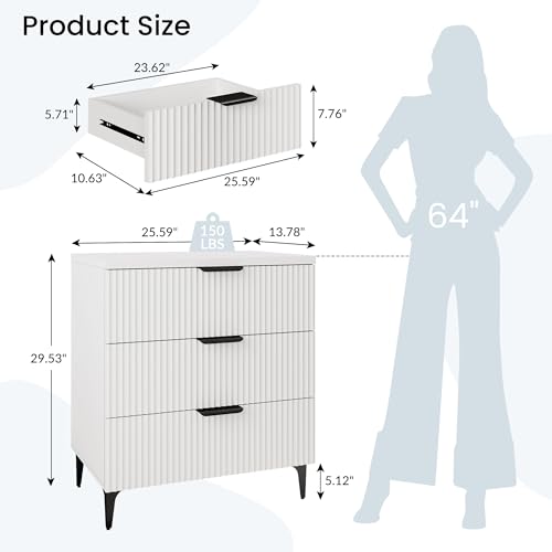 25.6" W Fluted Nightstand with 3 Drawer, Modern Wood Night Stands | Bedside Table for Bedroom King/Queen Bed, End Table with Robot-friendly Legs for Living Room,Entry - color: 3 Drawers-1pcs-white