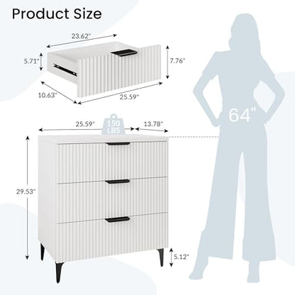 25.6" W Fluted Nightstand with 3 Drawer, Modern Wood Night Stands | Bedside Table for Bedroom King/Queen Bed, End Table with Robot-friendly Legs for Living Room,Entry - color: 3 Drawers-1pcs-white