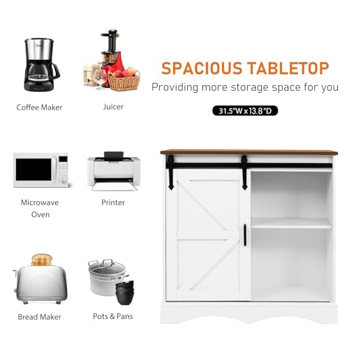 HOMFAMILIA 31.5" H Farmhouse Coffee Bar Cabinet w/Storage, White Kitchen Coffee Station with Sliding Barn Door, Rustic Buffet Cabinet with Adjustable Shelves, for Kitchen, Living Room, White - color: White