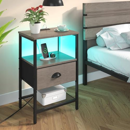 sthmec Nightstands Set of 2, LED Night Stands with Charging Station and Fabric Drawer, Bedside Tables with Drawers, 2- Tier LED Side Table End Table Charging Station Bedroom, Grey - color: Grey, style: Power & LED