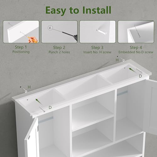 Bathroom Wall Cabinet with Doors and Hooks, 3-Tier Wall Mounted Cabinet | Modern Medicine Cabinet with 3 Open Shelves, Over the Toilet Storage Cabinet for Kitchen, Laundry Room, Living Room, White - color: White
