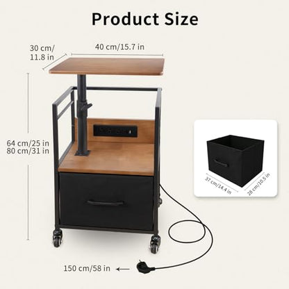 Small Bedside Table with Charging Station, Rolling Side Table with Wheels, Small Nightstand with Drawer Storage for Bedroom - Natural Solid Wood - color: Natural Wood