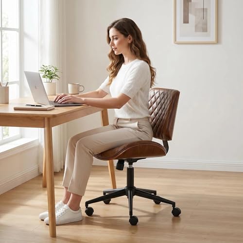 Furnimart Armless Small Desk Chair with Wheels, 360° Swivel Faux Leather Vanity Chair for Bedroom, Compact Home Office Task Chair for Small Spaces, Heavy-Duty Wood Frame(PU Brown) - color: Faux Leather-brown