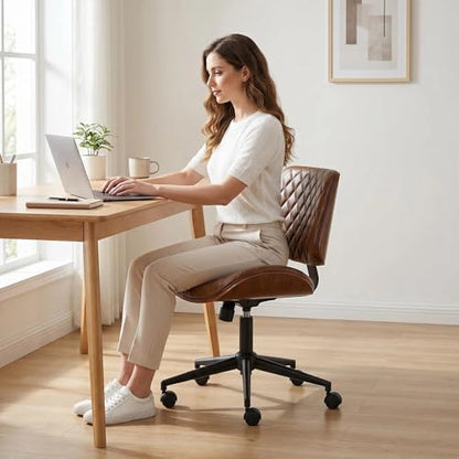 Furnimart Armless Small Desk Chair with Wheels, 360° Swivel Faux Leather Vanity Chair for Bedroom, Compact Home Office Task Chair for Small Spaces, Heavy-Duty Wood Frame(PU Brown) - color: Faux Leather-brown