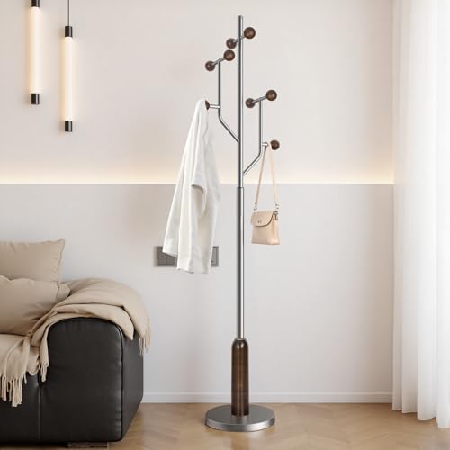 Coat Rack Freestanding Metal Coat Tree with 8 Wood Hooks | Heavy Duty Standing Coat Rack, Stainless Steel Marble Base, Coat Hanger Stand for Bedroom Entryway Hallway, Hat, Bags - color: Stainless Steel and Wood