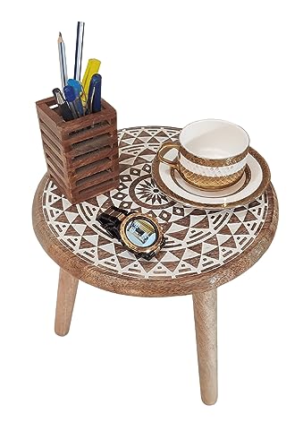 VANIYA CRAFTS® Wooden Engraved Fold-able Round End Table/Side Table/Plant Stand/Stool for Living Room Bedroom Restaurant Kids Play Furniture Table Round Shape (Natural White 5) - color: Natural White 5