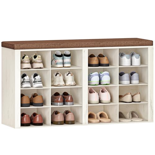 Hzuaneri Shoe Storage Bench with Cushion, Entryway 16-Cubby Shoe Rack | multifunction shoe organizer cabinet with adjustable shelves for hallway, bedroom, living room, Rustic White SB25614KA - color: Rustic White, size: 11.8"D x 40.9"W x 23.2"H