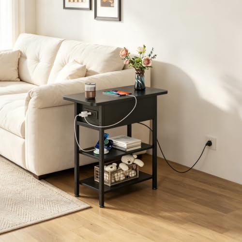 WLIVE 3-Tier End Table with Charging Station, Flip Top Narrow Side Table with Storage Shelf, Small Nightstand with USB Ports and Outlets,Bedside Table for Living Room, Bedroom - color: Black