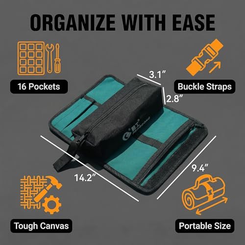 Tool Roll in Green Canvas, Compact Organizer with 16 Pockets and Buckle Straps, Easy to Carry for Garage, Car Trunk, Camping, and Outdoor Repairs