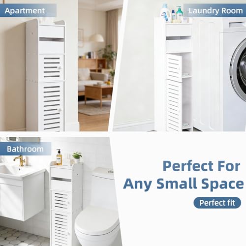 BorealBear Slim Bathroom Storage Cabinet with Toilet Paper Holder, Narrow Bathroom Cabinet for Small Spaces, Freestanding Organizer with Door & Shelves, Space Saving White Bathroom Cabinet
