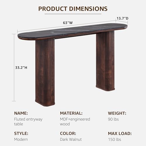 OKD 63" Modern Fluted Console Table, Narrow Entryway Table, Dark Walnut | Modern Fluted Wood Base, Curved Faux Marble-Texture Top, Entryway, Hallway, Foyer, Behind Sofa - color: Dark Walnut