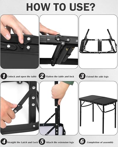 LOFTEY 2024 Reinforced Small Folding Table Portable, Small Foldable Camping Table, Heavy-Duty Mini Folding | Adjustable Height | Lightweight Premium Aluminum with Handle | Black 25"x16"x22" - color: Black