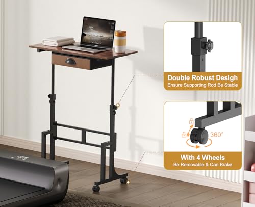 Adjustable Height Standing Desk With Drawer, Rolling Sit Stand Up Desk With Wheels, Small Sit To Stand Computer Desk, Adjustable Desktop Height, On Wheels, Brown, For Walking Pad Laptop Treadmill - color: Brown, size: With Drawer