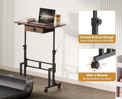 Adjustable Height Standing Desk With Drawer, Rolling Sit Stand Up Desk With Wheels, Small Sit To Stand Computer Desk, Adjustable Desktop Height, On Wheels, Brown, For Walking Pad Laptop Treadmill - color: Brown, size: With Drawer