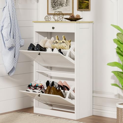 Shoe Storage Entryway with 2 Flip Drawers, Narrow Wooden Shoe Cabinet | Pet-Proof Hidden Shoe Organizer, Narrow Shoe Rack, Adjustable Dividers, Hold 8-10 Pairs, for Entryway Living Room - color: White+wood Grain, size: Medium