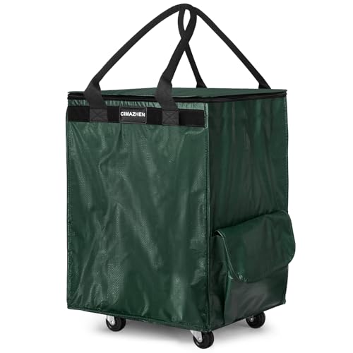 Reusable Grocery Bag Tote Bag with Wheels, Foldable Rolling Tote Bag with 3 Handles and Zipper - color: Green, size: Medium