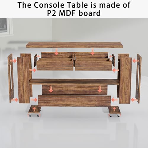 Farmhouse Entryway Table with Storage Drawers and LED Lighting, 55 Inch Long Narrow Console Sofa Table for Hallway Table Entrance Living Room, Rustic Brown