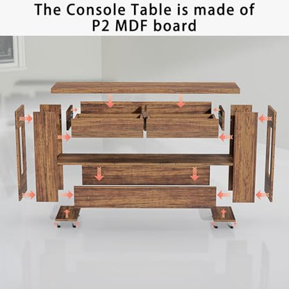 Farmhouse Entryway Table with Storage Drawers and LED Lighting, 55 Inch Long Narrow Console Sofa Table for Hallway Table Entrance Living Room, Rustic Brown