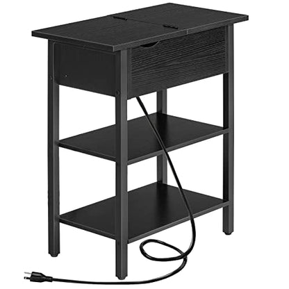 HOOBRO Side Table, Flip End Table with Charging Station and Shelves, USB Ports & Power Outlets, Narrow Nightstand for Small Spaces, Stable and Sturdy, for Living Room, Black BK341BZ01 - color: Black