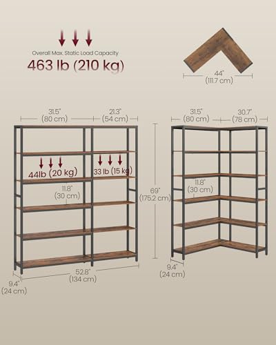 VASAGLE 6 Tier Bookshelf with Metal Frame, Convertible Industrial Corner Shelf, 9.4 x 52.8 x 69 Inches, for Living Room, Bedroom, Home Office, Rustic Brown and Ink Black ULLS806K01 - size: 6 Tiers (52.8"W)