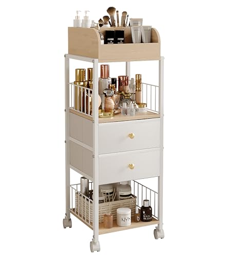 Floor Makeup Organizer Storage Cart Rolling Makeup Cart with Drawers | Makeup Stand Makeup Dresser Vanity Organizer Cosmetics Display Cases Holder for Skin Care Nail Polish Perfume Makeup Brush - color: HZG2402-White
