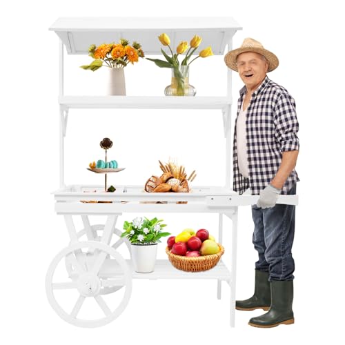Large Wooden 3 Tier Rolling Table Cart with Wheels, Multi-Purpose Display Stand & Rack for Flower, Candy, Food, Beverage Station, Party, Market, Home Decor (White) - color: White