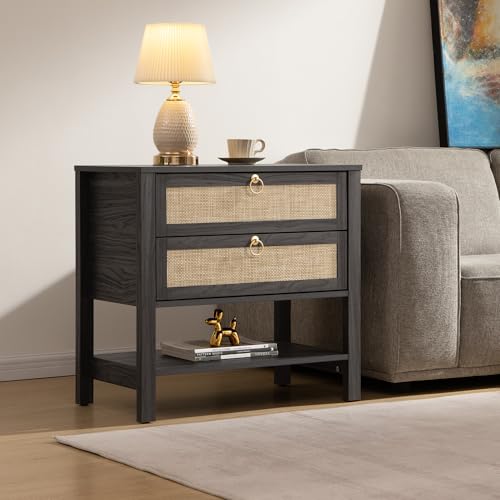 SICOTAS 26.7" Wide Rattan Nightstand with 2 Drawers & Open Shelf End Table | Large Night Stand with Storage Shelf, Coastal Boho Bedside Table for King Bed, Bedroom, Guest Room, Apartment, and End Table - color: Obsidian
